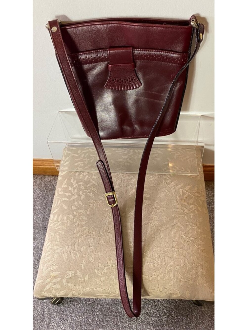 Vintage Partners Burgundy Leather Crossbody Bag  Purse Perforation Detail